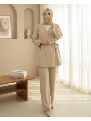 Modamorfo Beli Çift Bağlamalı Scuba Kimono Takım  -Bej