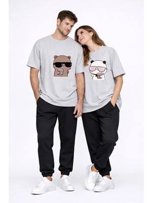 Nevermind Sevgili Çift Tişört Panda Karakter Baskılı Partner Kombini Oversize Unisex Stil