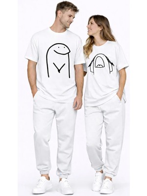 Nevermind Sevgili Kombini Çift Tişört Oversize Unisex Matching Couple Minimal Çizim Tasarım Çift Kombin Seti