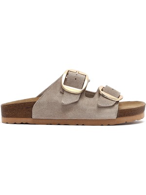 Derimod Kadın Vizon Tokalı Süet Deri Terlik 26SFD130610