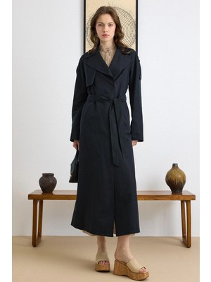 Olcay Apolet ve Pelerin Detaylı Astarsız Uzun Trençkot SİYAH 6808