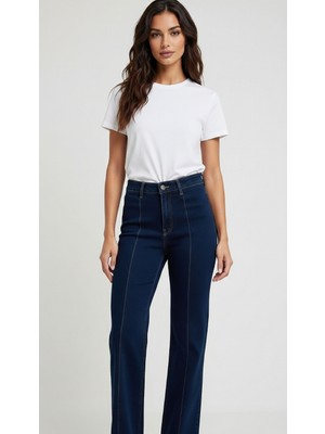 Rose Pileli Likralı Cepsiz Lacivert Kadın Kot Pantolon