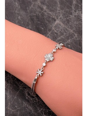 Sümer Telkari Yonca Kar Tanesi Rodyumlu 925 Ayar Gümüş Bileklik 4928