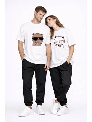 Nevermind Sevgili Çift Tişört Panda Karakter Baskılı Partner Kombini Oversize Unisex Stil