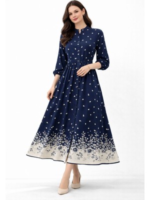 SFG Life Moda Kadın Önü Ful Düğmeli Bisiklet Yaka Çiçekli Elbise Valor