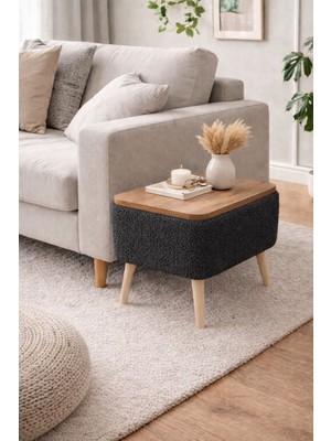 Own Home Nora Sandıklı Yan Sehpa, Teddy Kumaş Kaplamalı Ahşap Ayaklı Modern Yan Sehpa