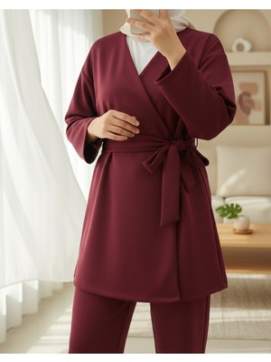 Modamorfo Beli Çift Bağlamalı Scuba Kimono Takım  -Bordo