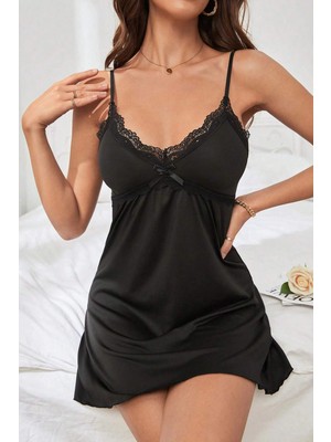 Liyuza Kadın Siyah Fiyonk ve Dantel Detaylı Şık Gecelik