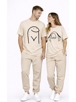 Nevermind Sevgili Kombini Çift Tişört Oversize Unisex Matching Couple Minimal Çizim Tasarım Çift Kombin Seti