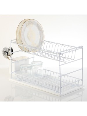 Feyza Design Paslanmaz Çift Katlı 50 cm Beyaz Tezgah Üstü Bulaşık Kurutmalık