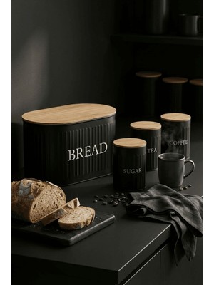 Feyza Design Şık 4'lü Ahşap Kapaklı Metal Ekmeklik ve Organizer Seti Siyah
