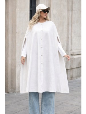 Comstar Kadın Düğmeli Premium Comfort Beyaz Kaşe Panço