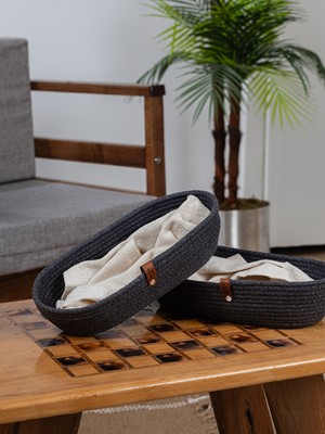 Feyza Design Örme Sepet, Deri Kordon Detaylı, Mutfak ve Ev Organizeri, Ekmek Sepeti