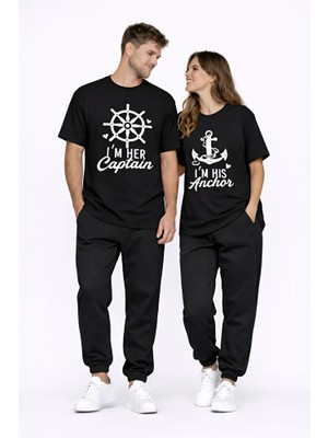 Nevermind Sevgili Kombini Oversize Çift Tişört Unisex Captain Anchor Baskılı Matching Couple Partner 2'li Set