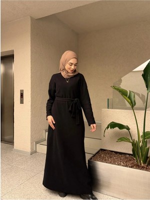 Modaco Kalite Selanik Kumaş Kuşaklı Basic Tesettür Elbise