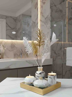 Luniva Home Dekoratif Mermer Desenli Tepsili Ev,ofis ve Hediyelik Aksesuar Modern  Obje Seti(Çiçekler Dahildir)