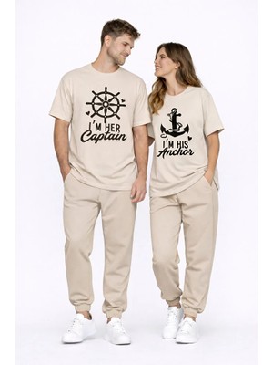 Nevermind Sevgili Kombini Oversize Çift Tişört Unisex Captain Anchor Baskılı Matching Couple Partner 2'li Set