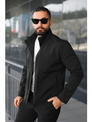 Baselco Su Itici Teknik Kumaş Dik Yaka Astarlı Hafif Ceket Erkek Slim Fit Suni Deri Siyah