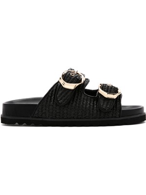 Derimod Kadın Siyah Çift Tokalı Hasır Terlik 26SFD4403M7