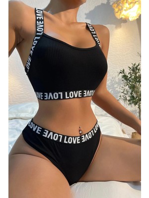 Liyuza Kadın Siyah Çapraz Sırt ve Love Yazı Detaylı Iç Çamaşır Takımı