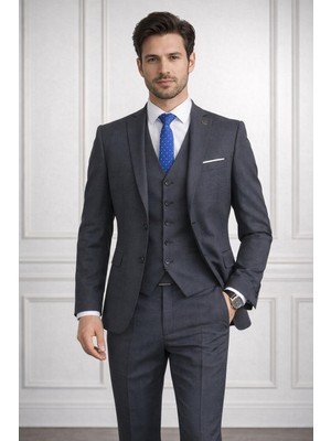 Fabio Cassel Slim Fit  Mono Yaka Çift Yırtmaçlı Astarlı Takım Elbise Yelekli