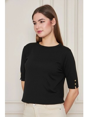 Irmak Kerekli Kadın Bisiklet Yaka Çıtçıtlı Kısa Kollu Triko Bluz 1070 Siyah