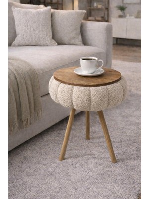 Own Home Papatya Teddy Kumaş Kaplamalı Oval Zigon Sehpa Ahşap Ayaklı Modern Tasarım