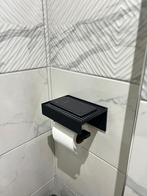 Özkoç Tuvalet Kağıtlığı, Modern Siyah Renkli Kendinden Yapışkanlı Telefon Raflı Tuvalet Kağıdı Tutucu