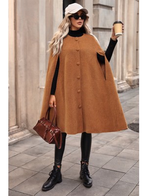 Comstar Kadın Düğmeli Premium Comfort Taba Kaşe Panço