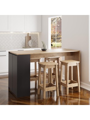 Bimossa Edgar G4822 4 Adet Sepet Tabureli Mutfak Adası 160CM Antrasit Ahşap Üst Karşılıklı Oturmalı Masa