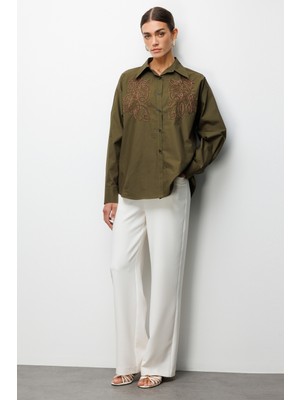 Ekol Boncuk Işlemeli Uzun Kollu Pamuk Gömlek 2806