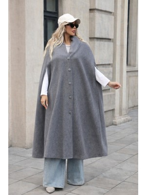 Comstar Kadın Düğmeli Premium Comfort Füme Kaşe Panço