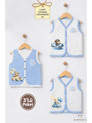 Babyden's Erkek Bebek 3’lü Jakarlı Yelek Set Çıtçıtlı Bebek Yeleği Ayıcık Baskılı,pamuklu,yenidoğan Yelek Seti