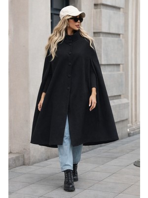 Comstar Kadın Düğmeli Premium Comfort Siyah Kaşe Panço