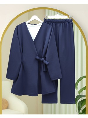 Modamorfo Beli Çift Bağlamalı Scuba Kimono Takım  -Laci