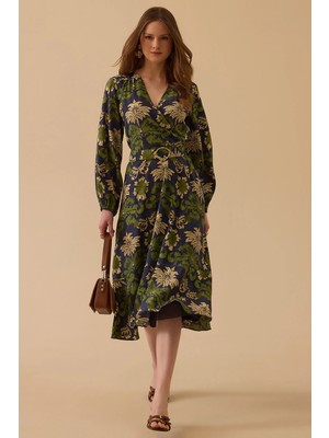 Seçil Kadın Desenli Kemerli Kruvaze Elbise 0005 Yeşil