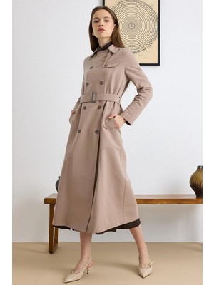 Olcay Pelerin Detaylı Su İtici Özellikli Astarsız Uzun Trençkot VİZON 6829