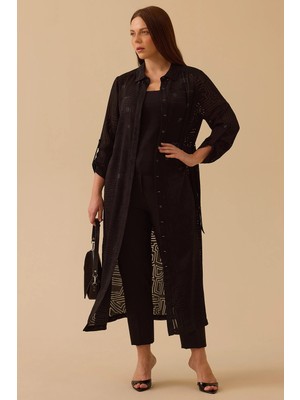 Galaxi Kadın Büyük Beden Taş Detaylı Desenli Uzun Tunik 4002 Siyah