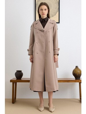 Olcay Çift Yaka Detaylı Su İtici Özellikli Astarsız Uzun Trençkot VİZON 6832
