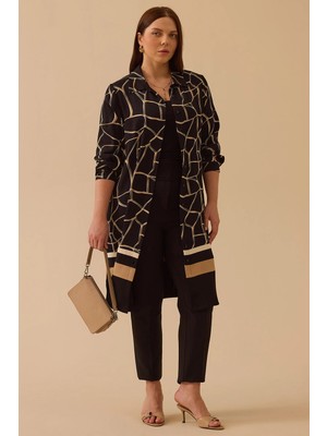 Galaxi Kadın Büyük Beden Desenli Uzun Kollu Tunik 4001 Siyah