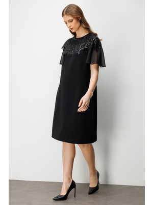 Ekol Kadın Büyük Beden Taş Nakışlı Midi Elbise 6502 Siyah