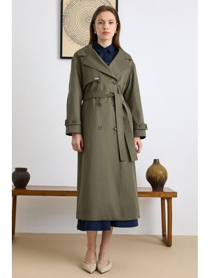 Olcay Kolları Plikaşe Detaylı Rahat Kalıp Su İtici Özellikli Trençkot HAKİ 6821