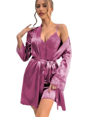 Bipamuk Saten Dantelli Sabahlık Gecelik Takım Premium Ikili Set Parlak Dokulu