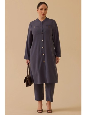 Galaxi Kadın Büyük Beden Hakim Yaka Uzun Kap 4003 Indigo