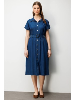 Ekol Kadın Büyük Beden Beli Kemerli Polo Yaka Midi Elbise 6542 Indigo