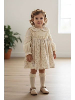 Miniğimin Cicileri Vintage Çiçek Desenli Dantel Yaka Detaylı Kız Bebek Elbise - Krem