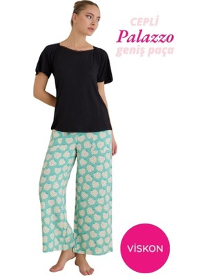 Bie's Kadın Siyah Çilek Desenli Geniş Dantel Yaka Viskon Kısa Kol Palazzo Dokuma Cepli Geniş Paça Alt Homewear