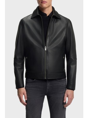 Boss Regular Fit Klasik Yaka Fermuarlı Hakiki Deri Ceket Erkek Deri Ceket 50552141 001