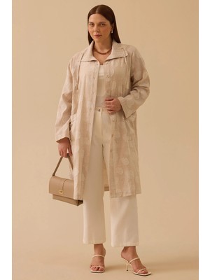 Galaxi Kadın Büyük Beden Devrik Yaka Keten Kap 4009 Bej