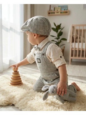 Oryeda Erkek Bebek %100 Pamuk Bayramlık Takım Şapkalı Salopet Takım Papyonlu Gömlekli 3’lü Şık Kombin